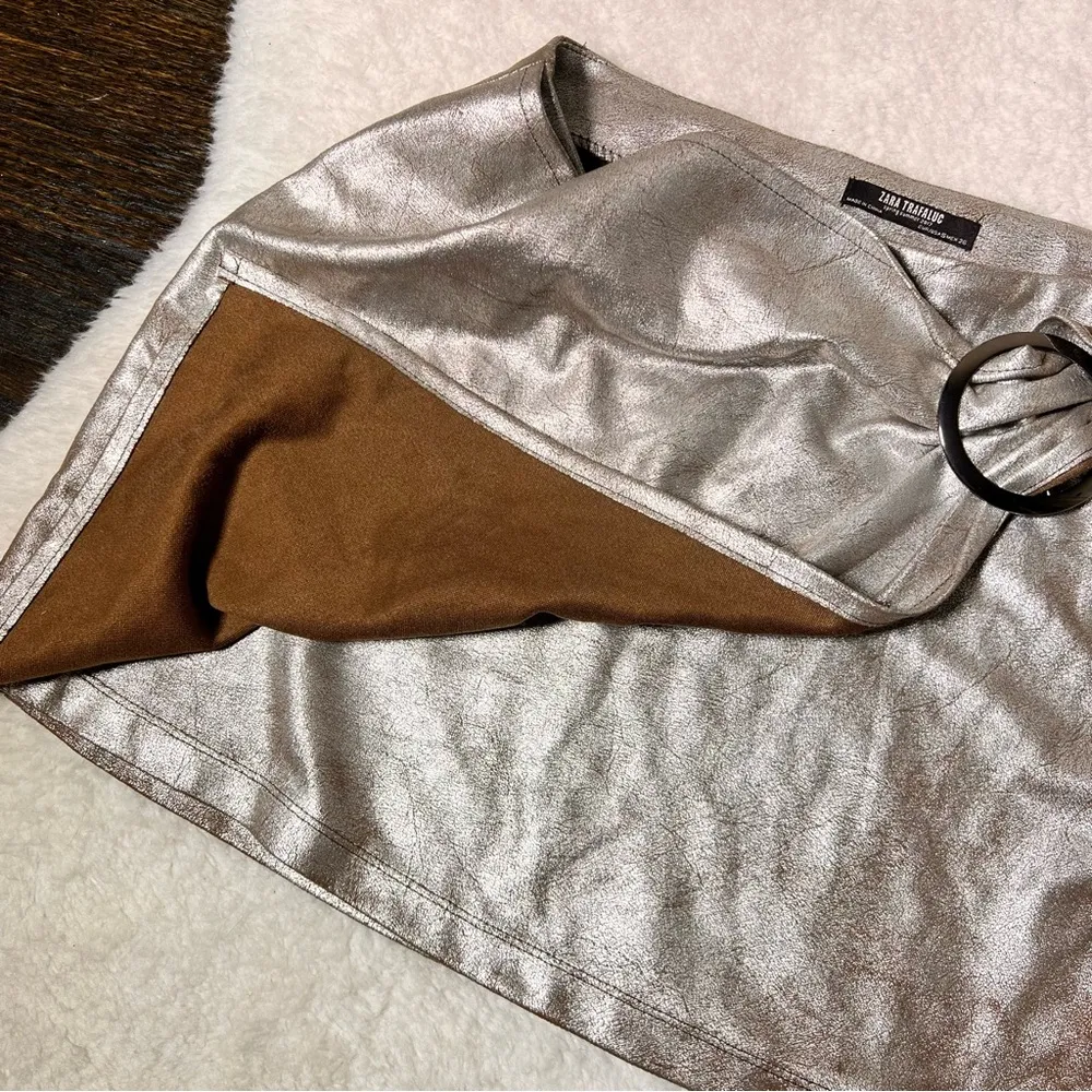 Zara Trafaluc Metallic Silver Faux Wrap Mini Skirt - Image 4