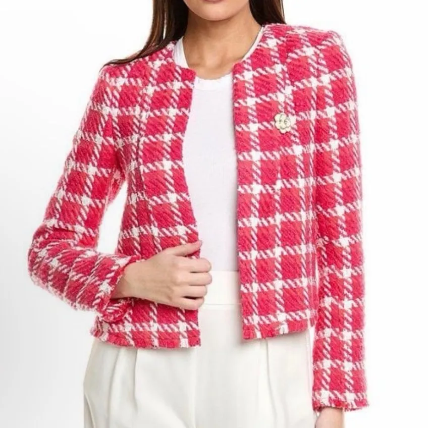 Karl Lagerfeld Paris Tweed Pink White Cropped Open Front Jacket Blazer size 4 - Image 2