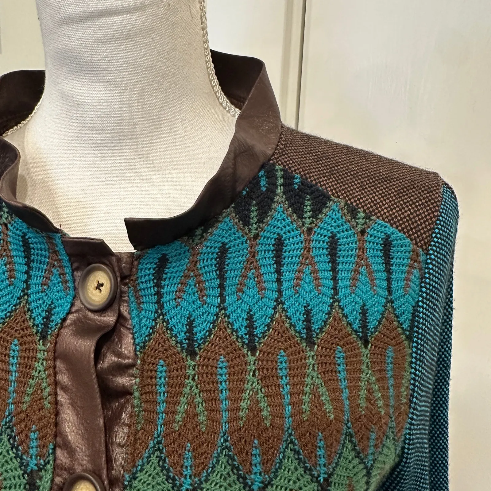 ANAC by Kimi Teal Brown Knit Long Art to Wear Cardigan Avant Garde Boho Medium Blue - Image 5