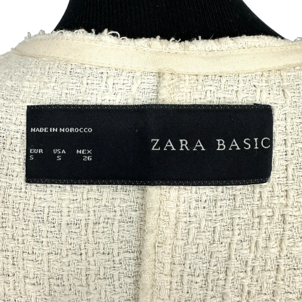 ZARA | Small | Ivory Tweed Longline Raw Edge 3/4 Sleeve Open Front Jacket - Image 2