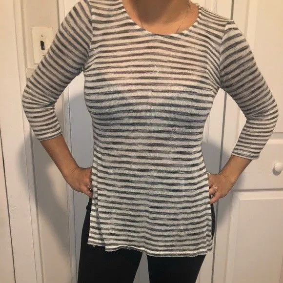 Small Very Light Knit Top 3/4 Sleeve Shirt Round Neck See Through Slits Up Sides Gray - Image 2