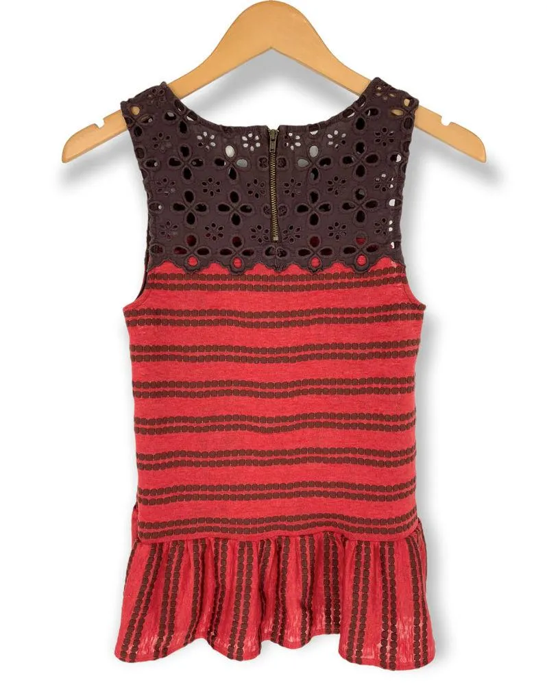 Free People | XS | Molly Retro Brown & Red Striped Textured Knit Eyelet Tank Top - Image 6