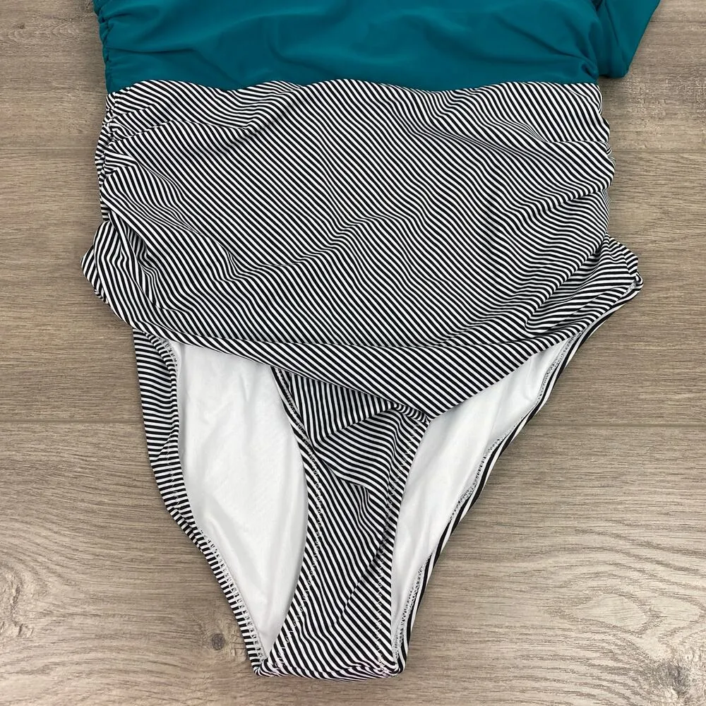 Cupshe Teal&Black Stripe Halter Tie One Piece Swimsuit Sz.XL NWT - Image 6