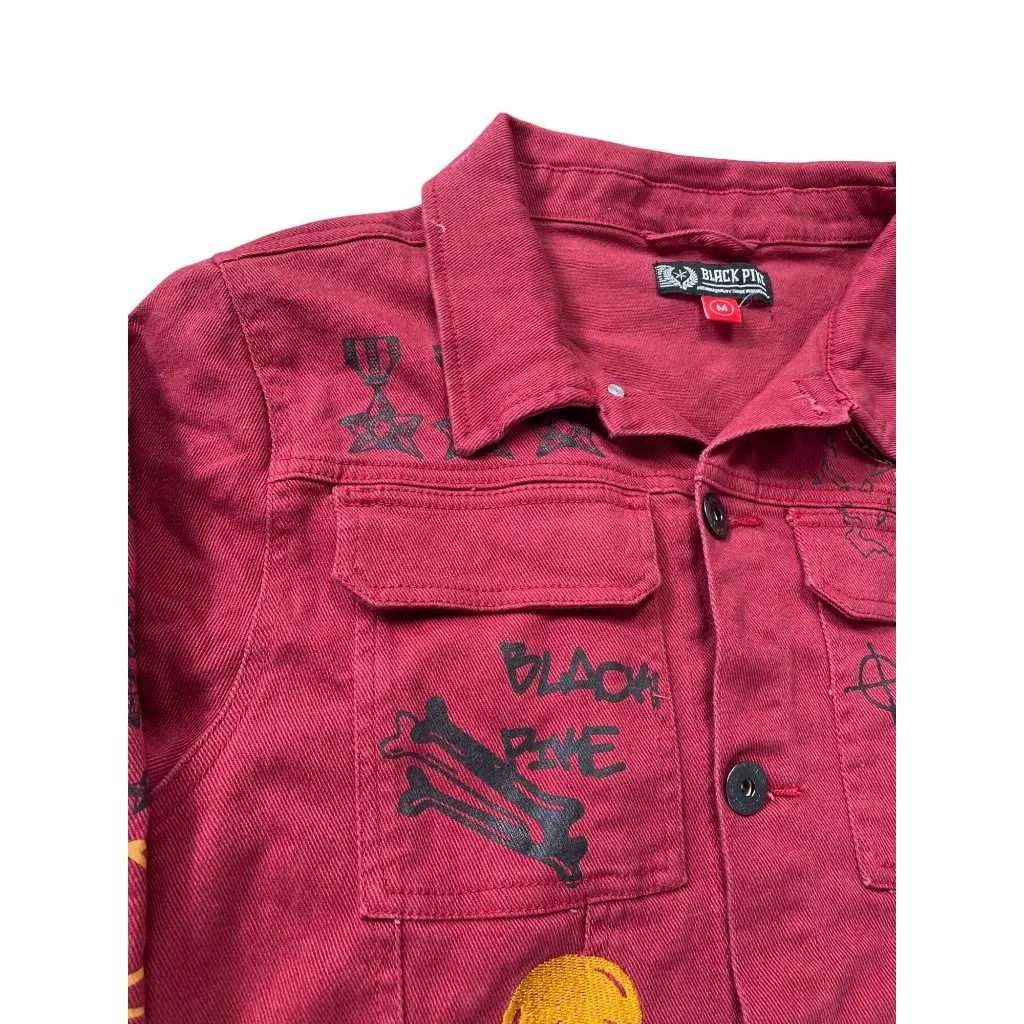 Black Pike Womens Red Denim embroided graphic jacket size M SKU 9178 Size M - Image 3
