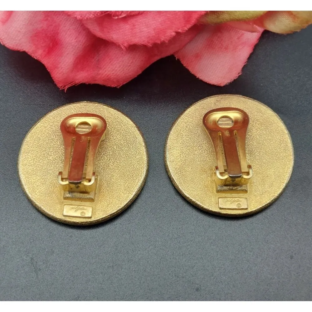Vintage Xeja Brushed Gold Tone & Enamel Round Clip On Earrings 90's Signed 1.25" - Image 5