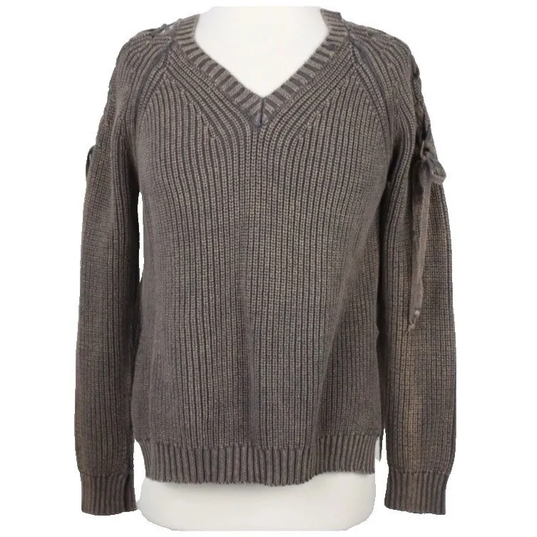 Umgee Chunky Knit Sweater Women's Medium Mineral Wash Lace-Up Shoulder Grunge - Image 2