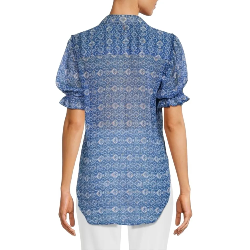 Misa Los Angeles Lara High Low Blue Printed Chiffon Button Down Top SMALL - Image 2