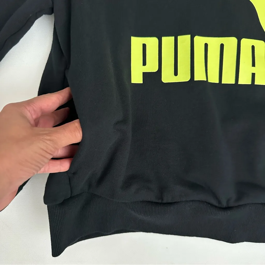 Puma Black Hoodie with Neon Yellow Logo Size XS Women - Image 3