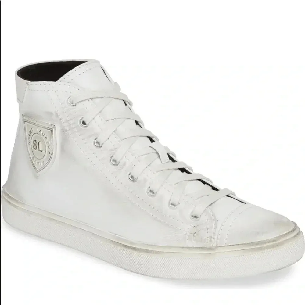 Saint Laurent Leather Bedford High Top Sneakers Vintage Effect White Size 8 US - Image 1