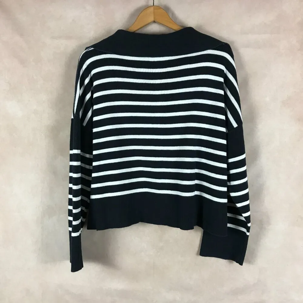 PaperMoon  Black/White Striped Cotton Polo Sweater Size Large - Image 4