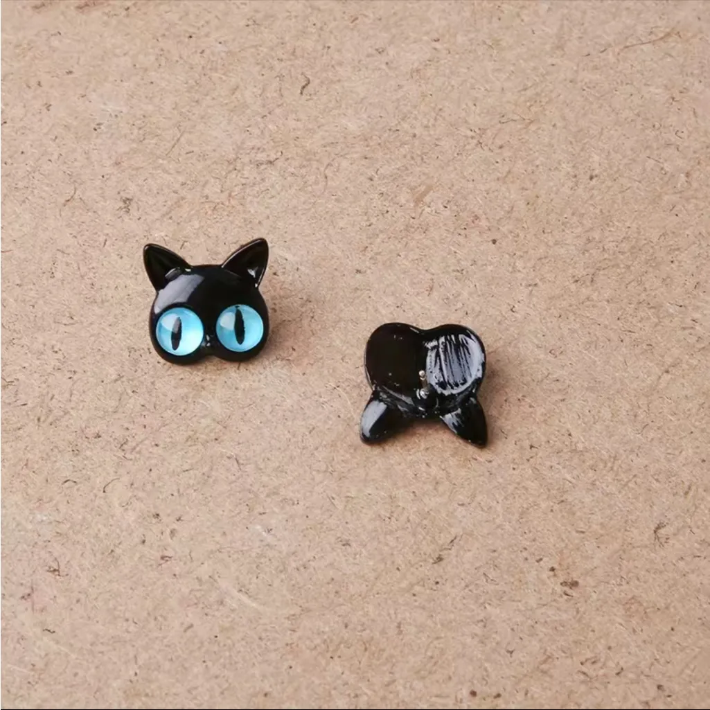 Stud Earrings‎ Ear Jacket Cat Design Zinc Alloy Silver Earrings Retro Cute Style Black - Image 3