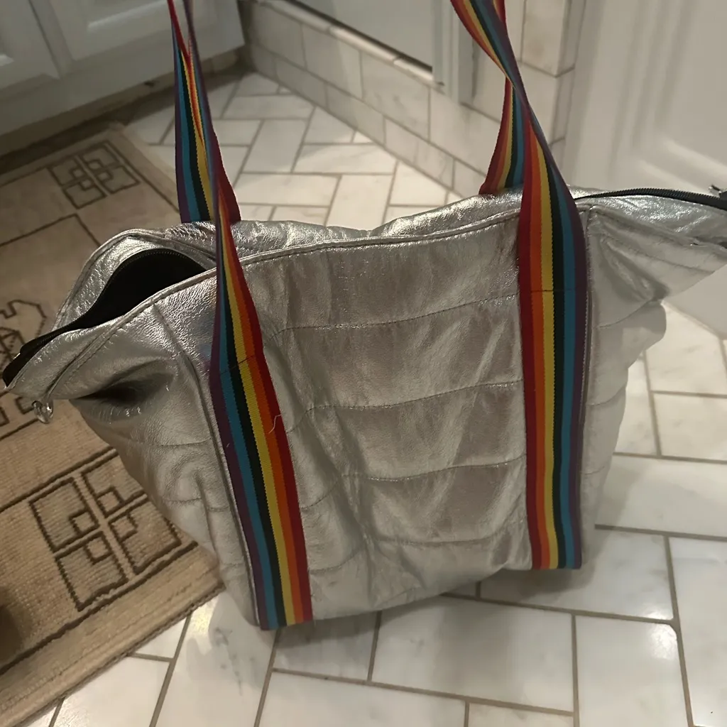 Silver Tote Bag with Rainbow Straps - Image 2
