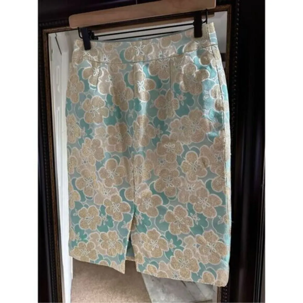 Antonio Melanie Metallic Pencil Skirt Women’s Size 0 Teal Gold Floral‎ Brocade - Image 5