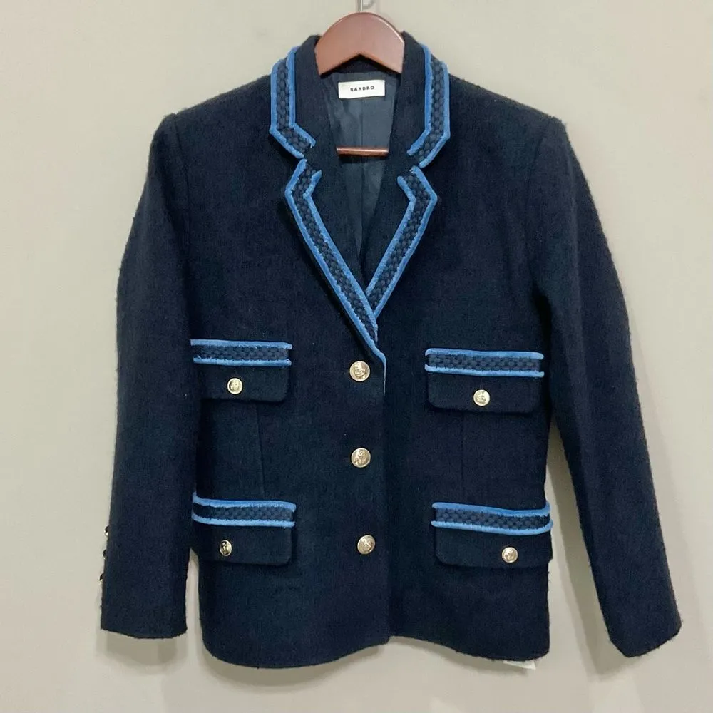 Sandro Noella Navy Tweed Blazer Sz 36 US Sz 4 Braid Trimmed Lined - Image 3