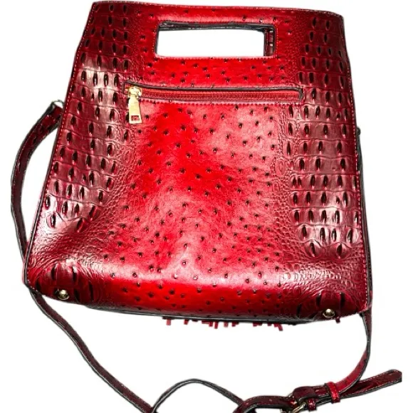 Red Studded Fringe ostrich Handbag and Wallet Set - Image 3