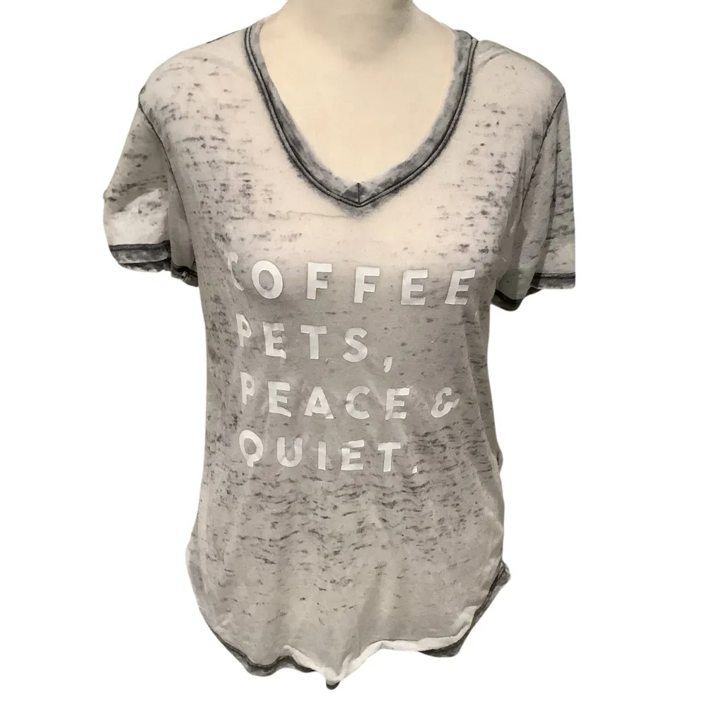 Women’s Distressed Gray Graphic High Low V Neck shirt COFFEE PETS PEACE & QUIET. - Image 6