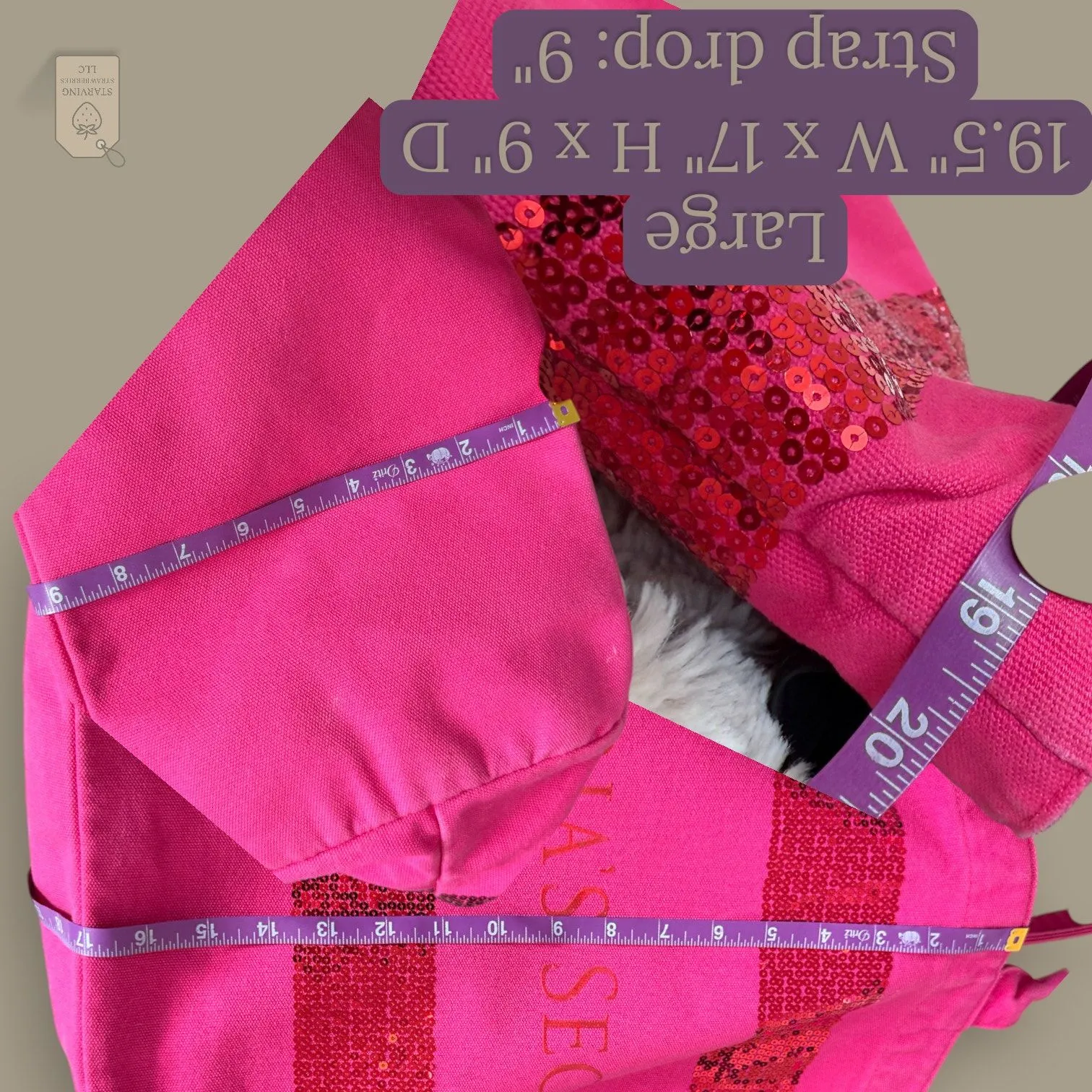 Victoria’s Secret Large Hot Pink Canvas Tote Bag Red Sequin Stripe Shopper 2011 - Image 4