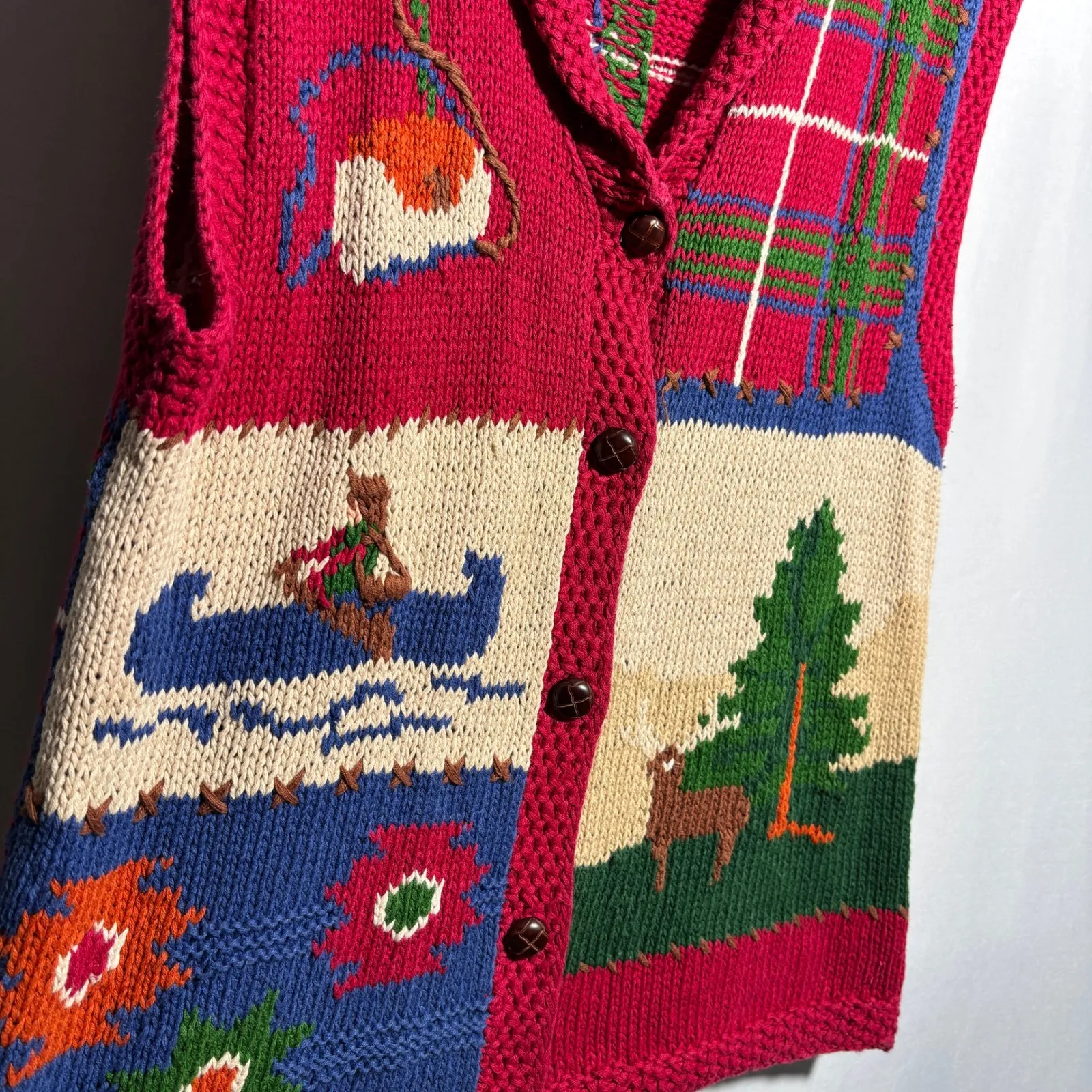 Vintage 90s Camping Outdoor Scene Fishing River Deer Hand Knit Sweater Womens S - Image 6