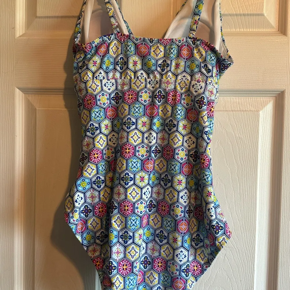 Geometric Multicolor One Piece Swimsuit Blue Size 14 - Image 3