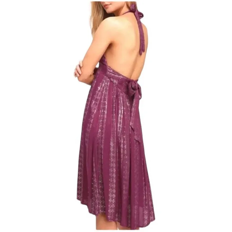 LULUS Charlize Magenta & Silver Striped Halter Midi Dress ~ Women's Size LARGE - Image 5