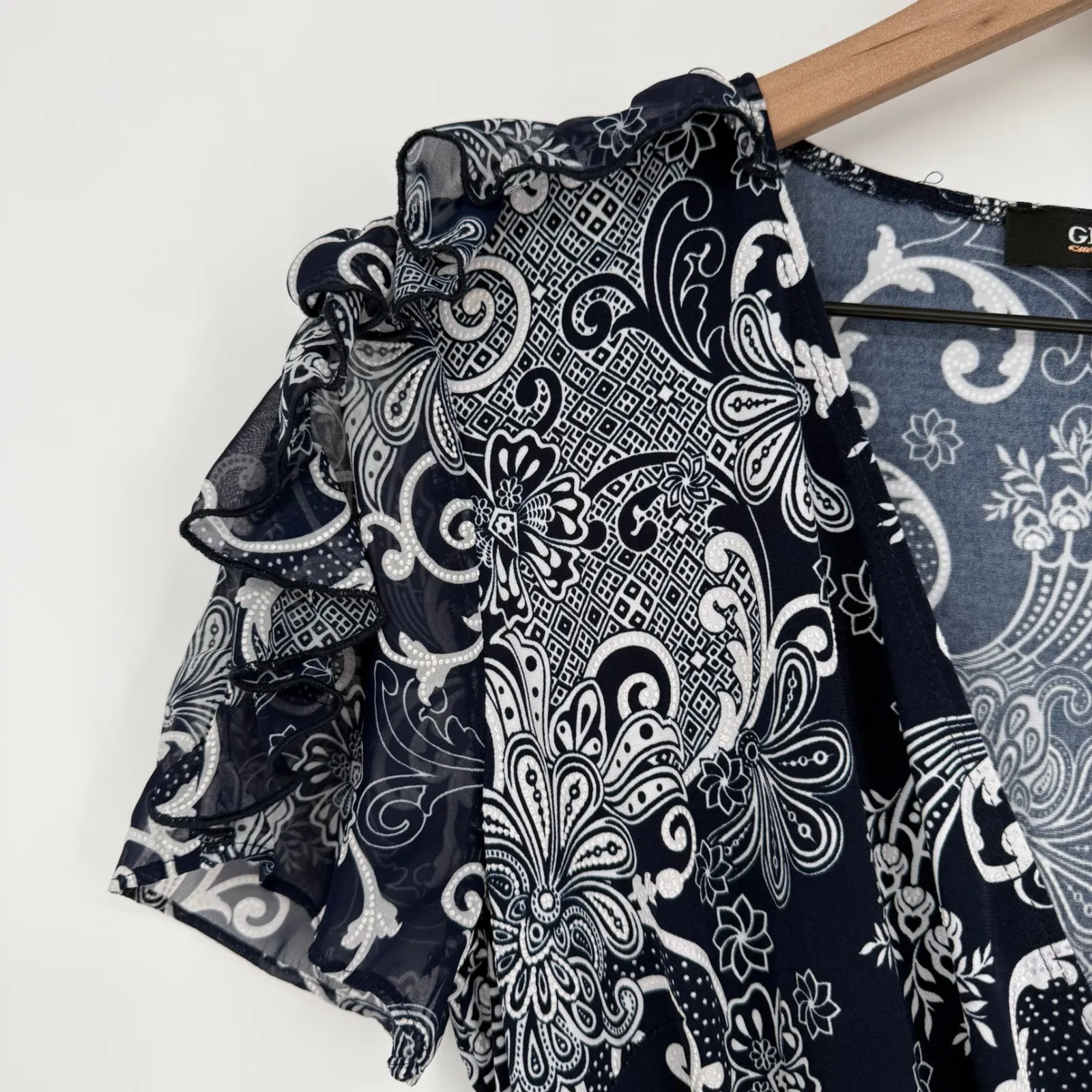 Glamour Women's Navy‎ Blue White Paisley Print Wrap Dress Ruffle Sleeve Size 8 - Image 5