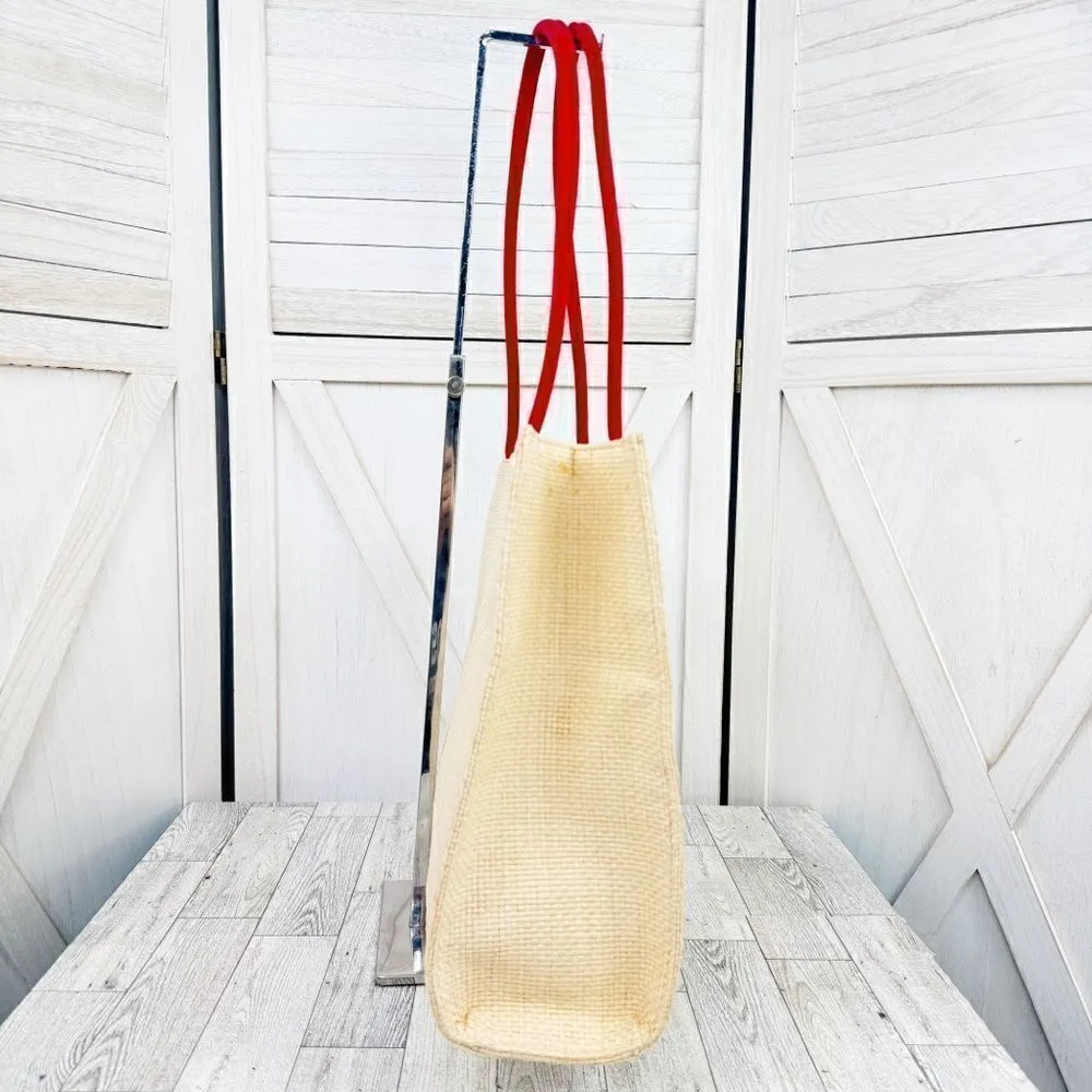 Fossil‎ Forever Faux Straw Beach Vacation Tote Shoulder Bag Large Cream Red - Image 3