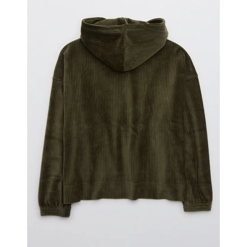 NEW Aerie Groove On Green Ribbed Velour Oversized Cropped Hoodie Sweater | L - Image 2