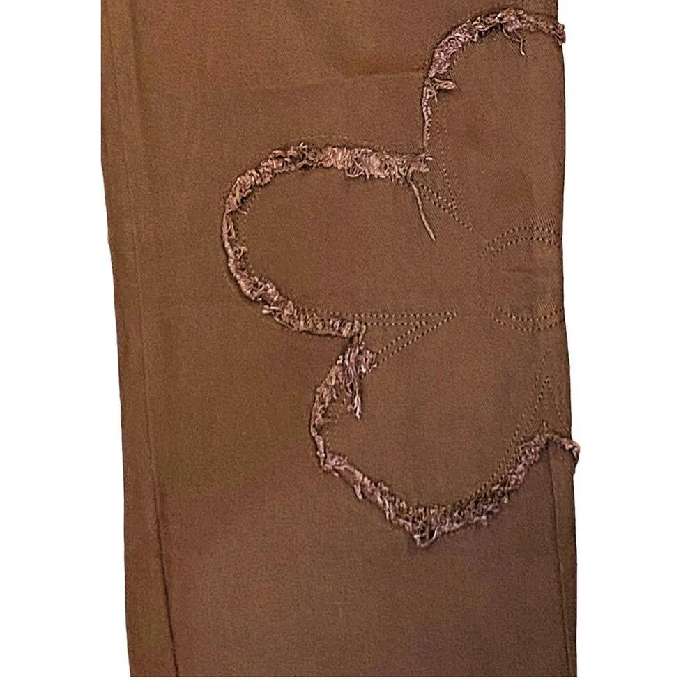 NWT ~ Brown Raw Edge Hem & Frayed Flowers Denim Jeans Pants ~ Women's MEDIUM Size undefined - Image 4