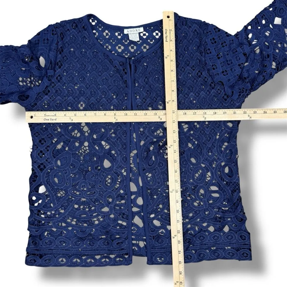 Adore Open Eyelet Lace Topper Cardigan Jacket Navy Blue Medium - Image 10