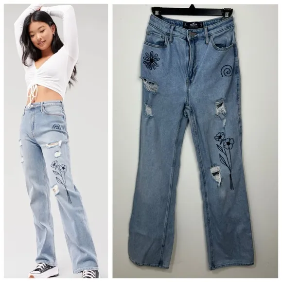 Hollister Ultra High-Rise Floral Embroidered Dad Jeans Size 1R waist 25 - Image 2