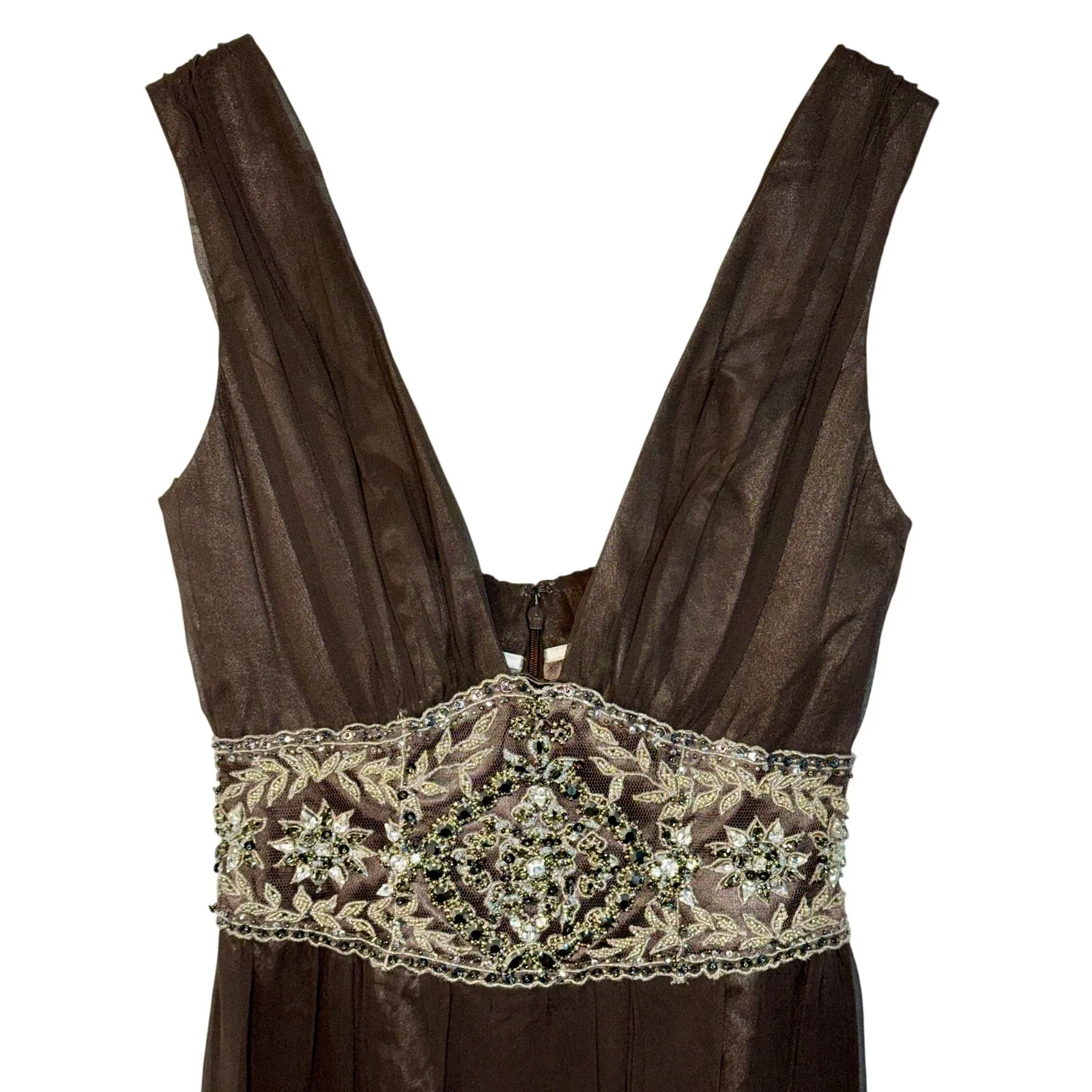 NWT Mandalay Brown Silk Beaded Sequin Maxi Long Gown Evening Formal Dress Size 8 - Image 2