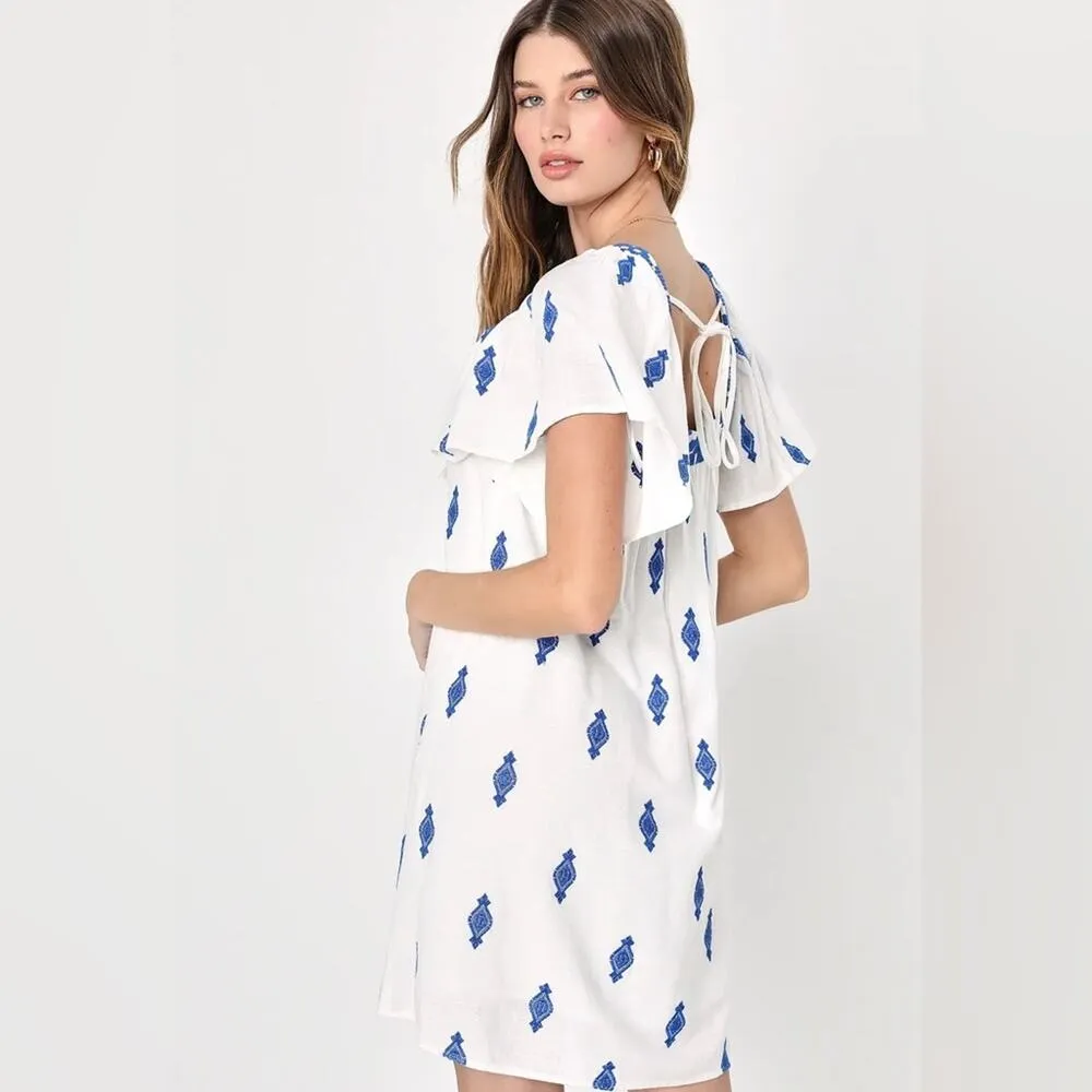 NEW Lulus Mykonos Moment White & Blue Embroidered Shift Dress Linen Blend XL - Image 6