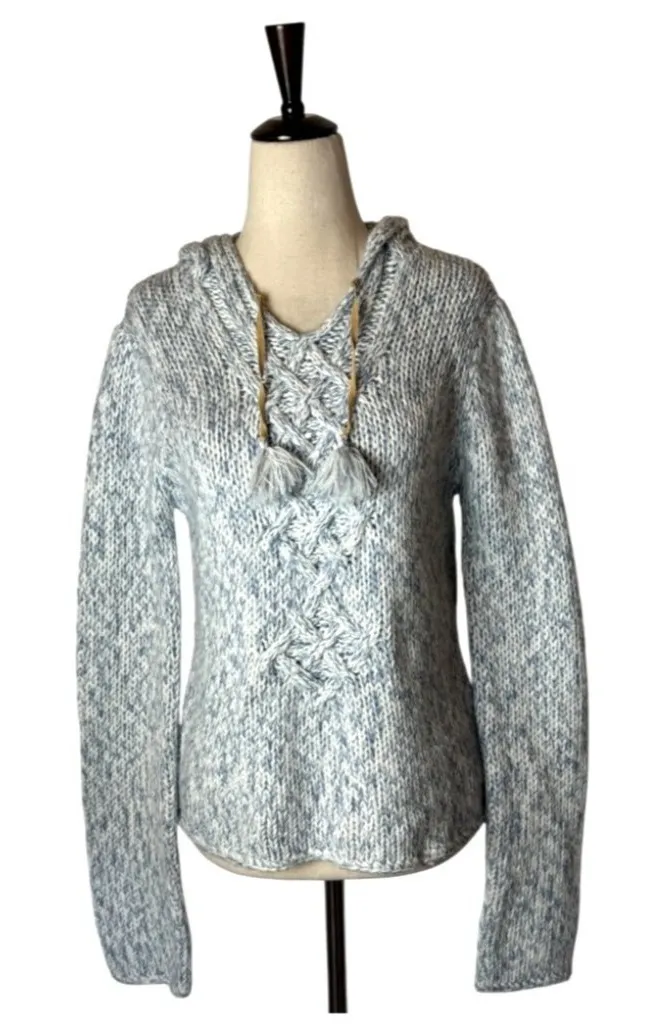 By Next Era Sweater Women Medium Blue White Cable Knit Hooded Pullover Tassel - Image 1