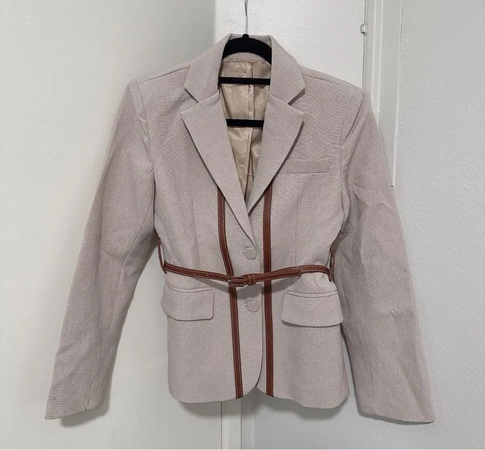 Women's All Season Single Breasted Short Blazer Lapel Long Sleeve Loose Jacket Brown Size undefined - Image 3