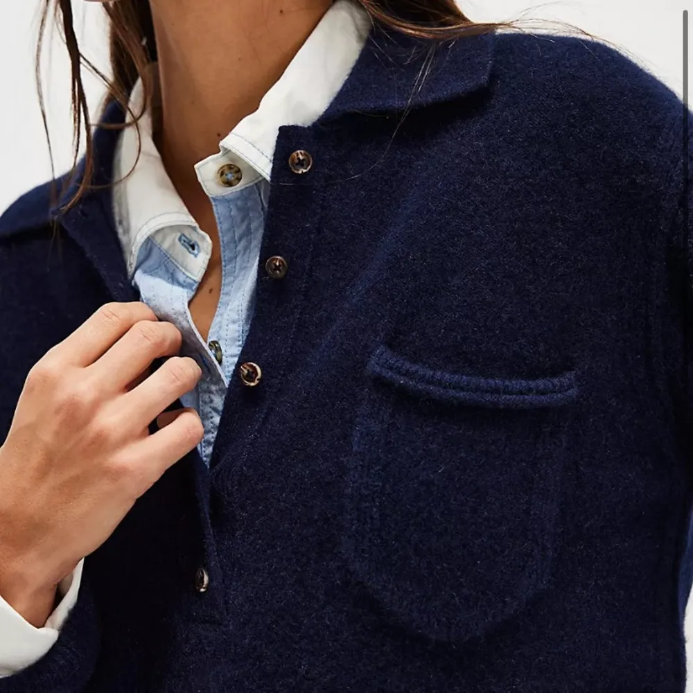 Free People We The Free Johnny Collared Cashmere Pullover Sweater Navy Blue Sz L - Image 2