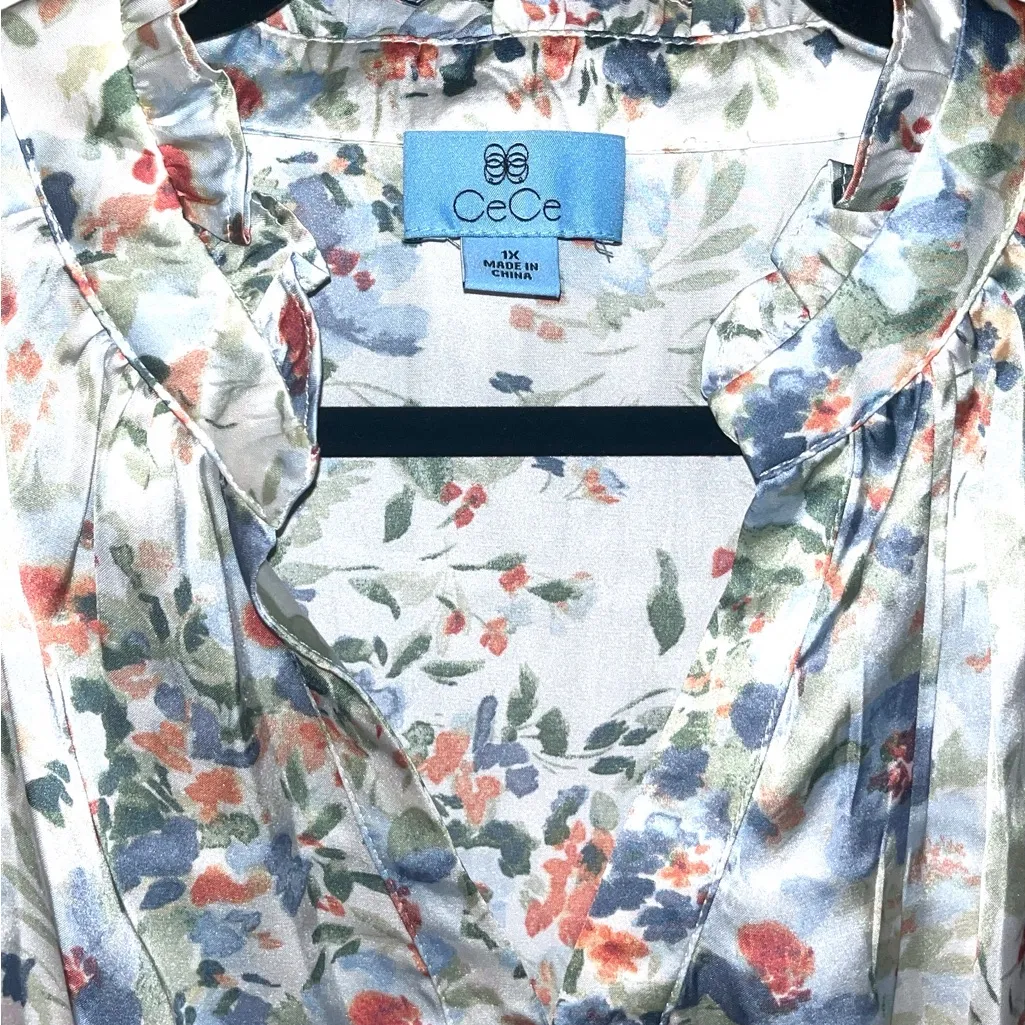 CeCe Floral V-neck Ruffle Trim Satin Blouse - Image 3