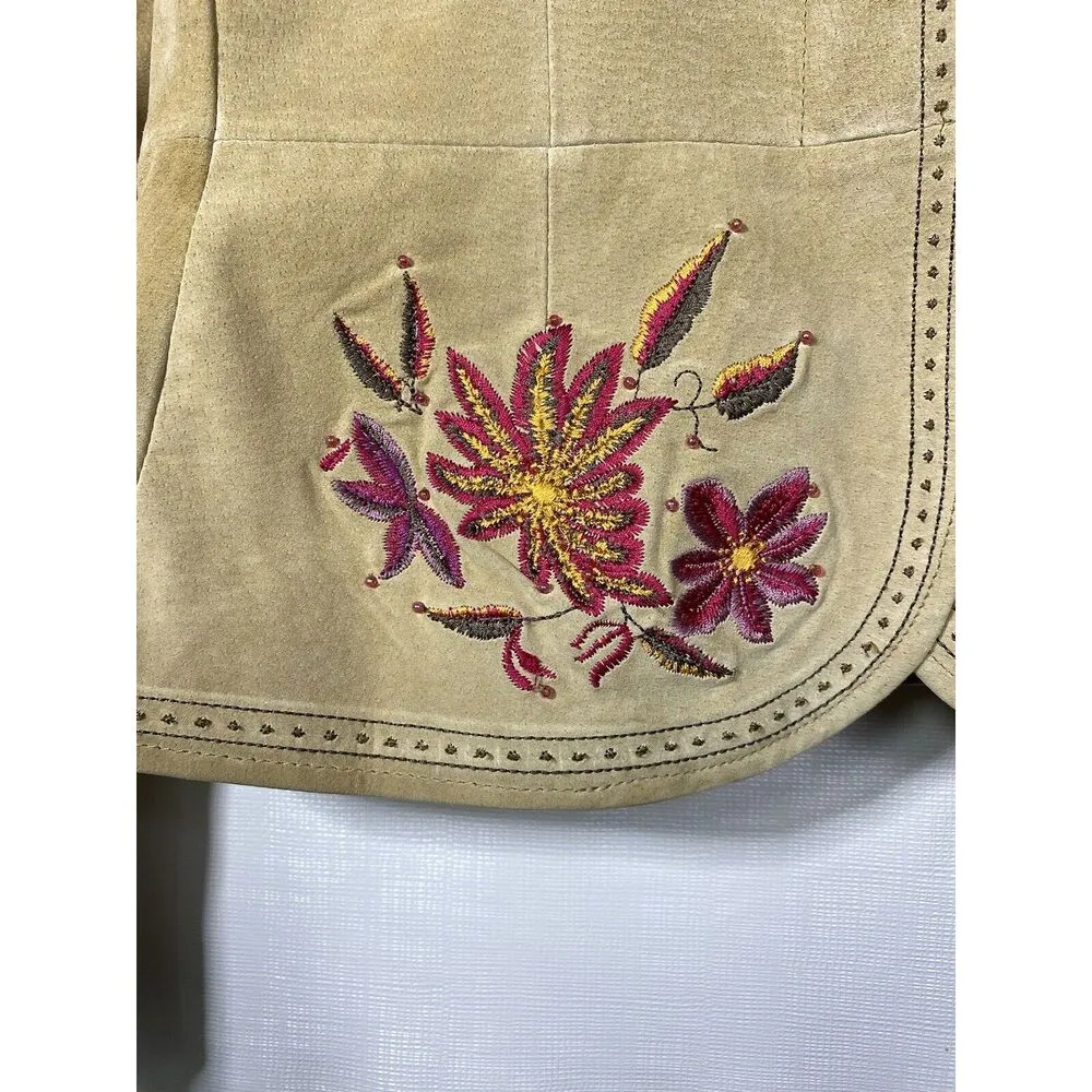 Margaret Godfrey Women Sz 8 Boho Western Floral Embroidered Suede Leather Jacket Tan - Image 6