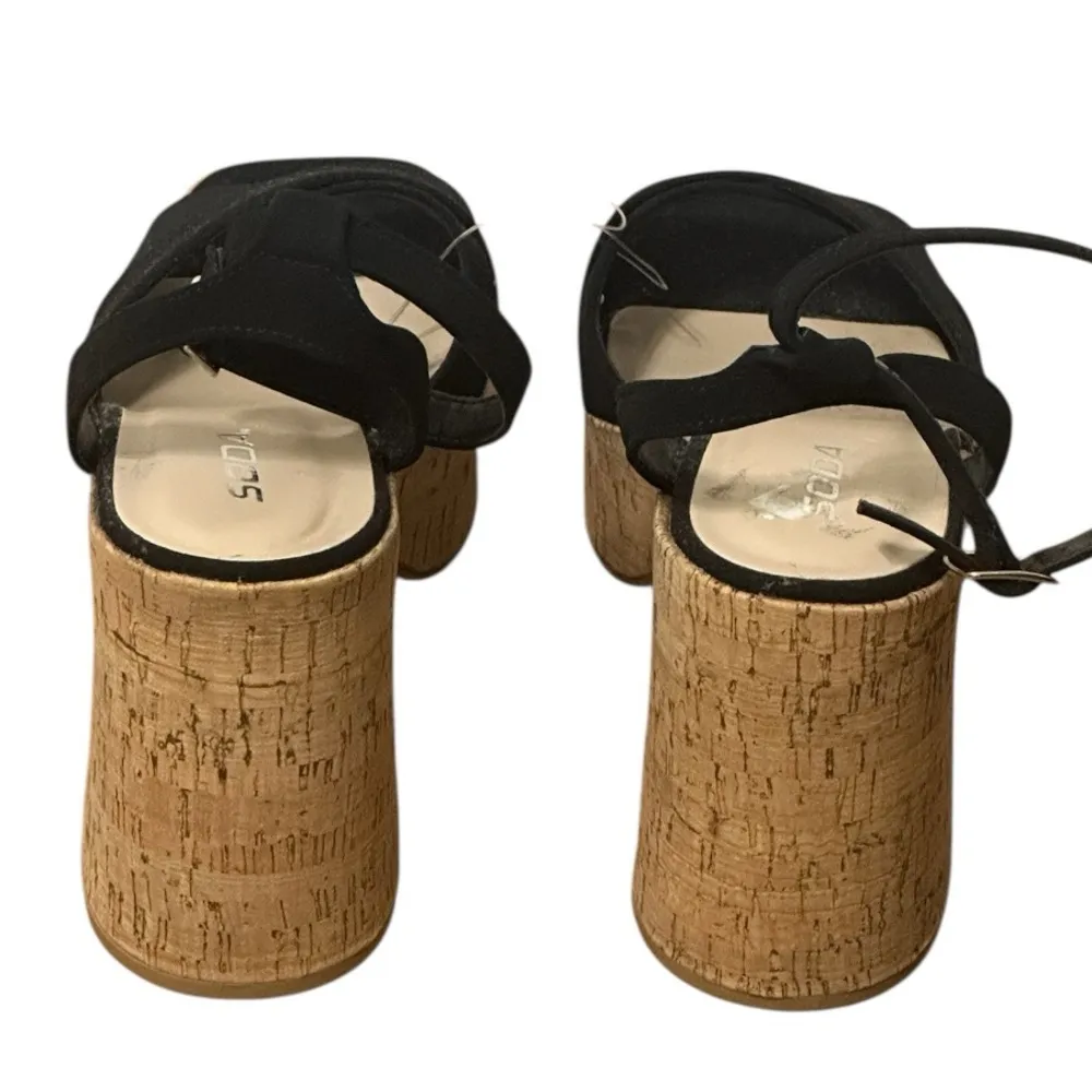 Soda Black Cross Suede Faux Leather Strap Open Toe Platform Heels NWOT - Image 6