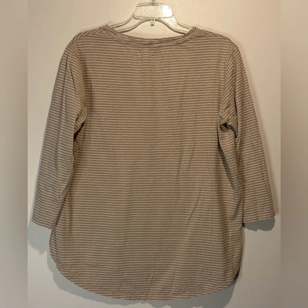 Fresh Produce- Tan with White Stripes 3/4 Length Sleeves Hi-Low 100% Cotton Top - Image 2