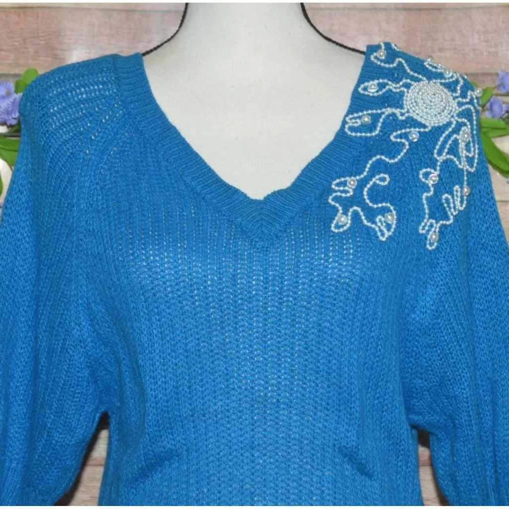 Faux Pearl Hand Embellished Vintage Ladies M Blue Silk Linen Agora Blend Sweater Size M - Image 2