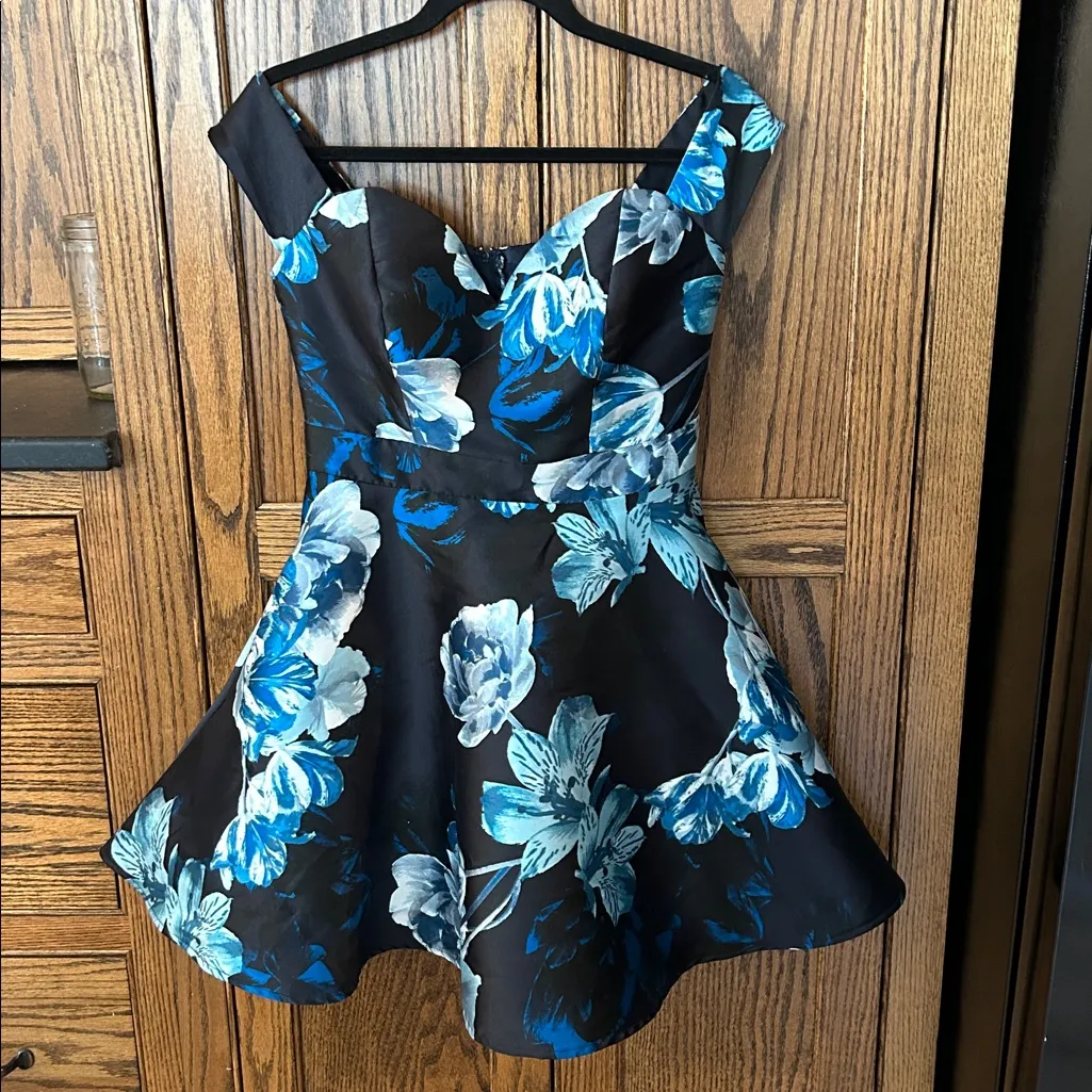 Windsor Blue Ember Satin Floral Formal Hoco Mini Dress Off Shoulder Sweetheart 8 - Image 2