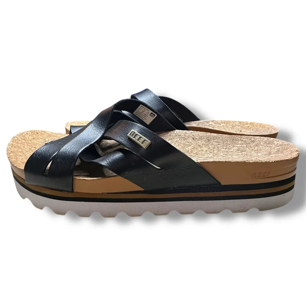 Reef Platform Sandals Cork Footbed Criss Cross Straps Black Sz 8 Boho Coastal - Image 6
