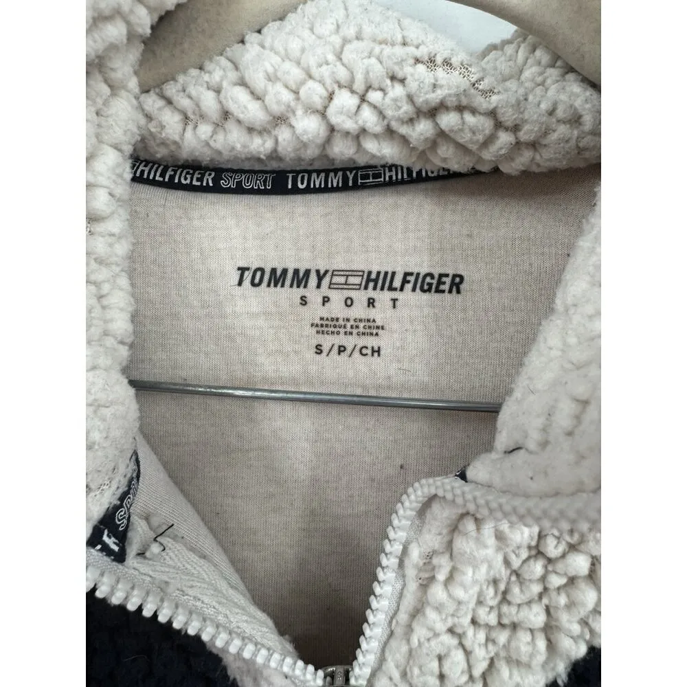 Tommy Hilfiger Sherpa Sweatshirt Women Small Ivory Chevron Quarter Zip Casual‎ - Image 3