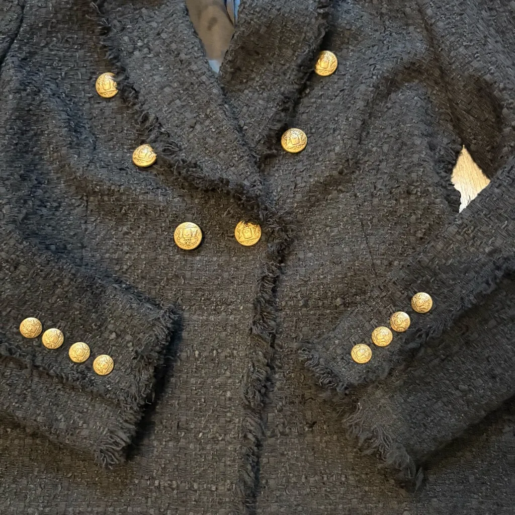 Zara Black Tweed Fringe Blazer Gold Buttons Wool Trinny Woodall, Sz M - Image 15