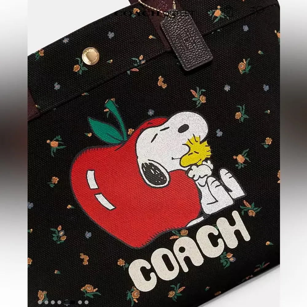 Coach Black Tote with Floral and Snoopy Design - Image 5