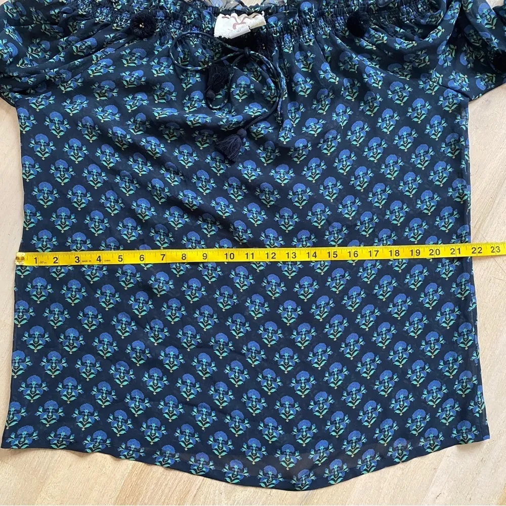 FIGUE 100% silk off shoulder Pom Pom blouse Blue Size L - Image 10