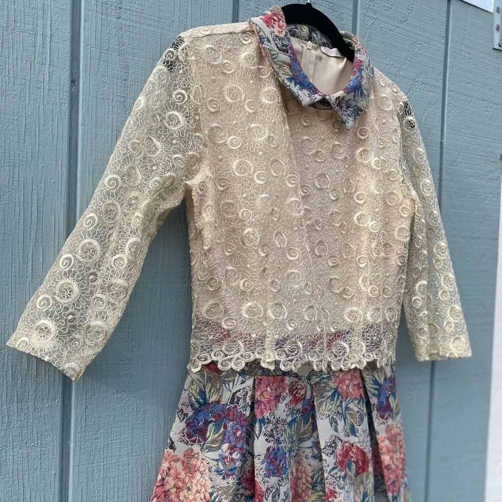 Collared dress with sheer embroidered lace sleeves and pleated skirt Size 6 - Image 2