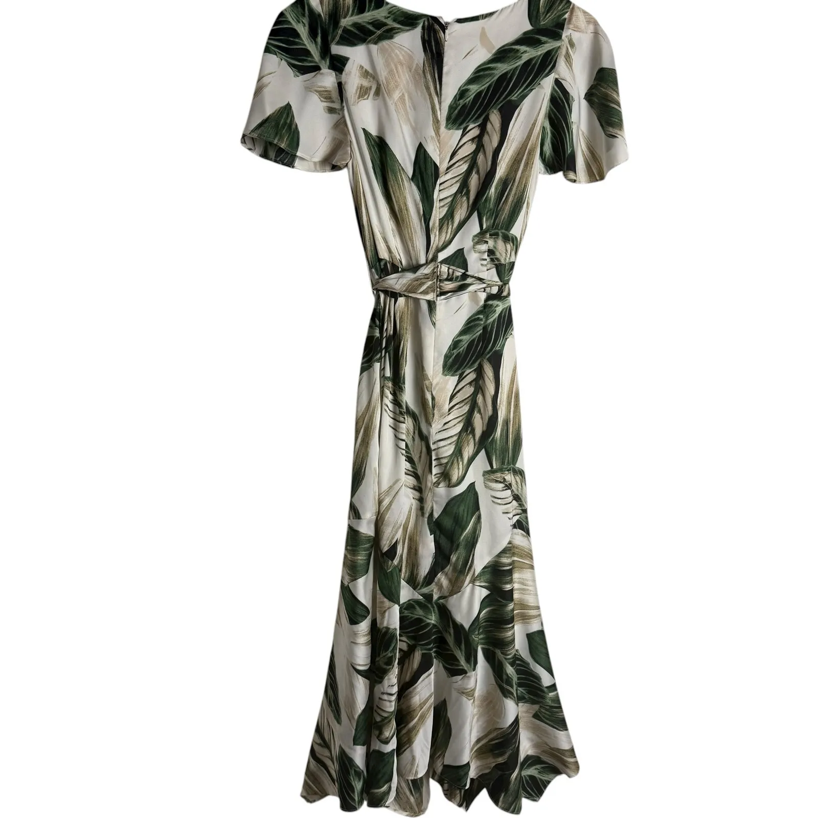 Great Jones Ivory Green Palm Leaf Short Sleeve Tropical Resort Midi Dress 4 White - Image 12