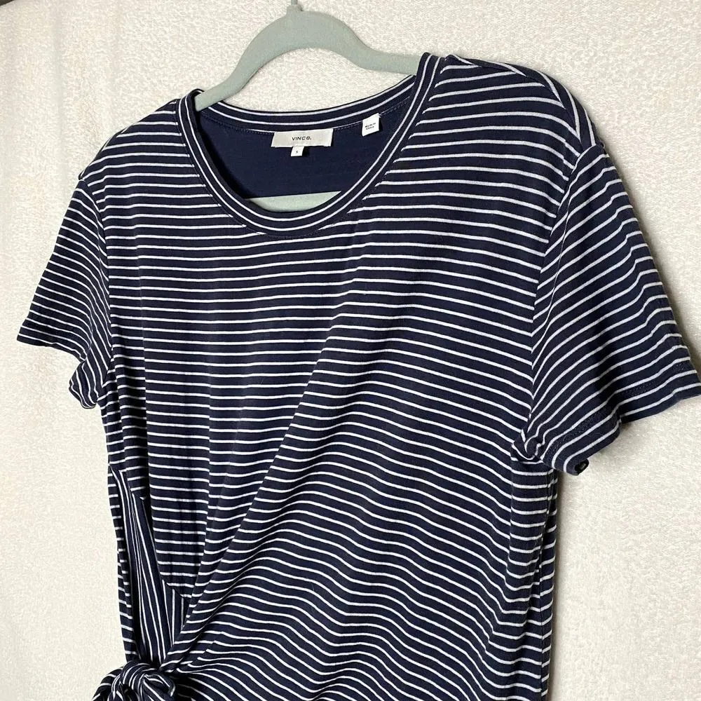 Vince Classic Short Sleeve Stripe Side Tie T-Shirt Mini Dress Blue White Small - Image 4