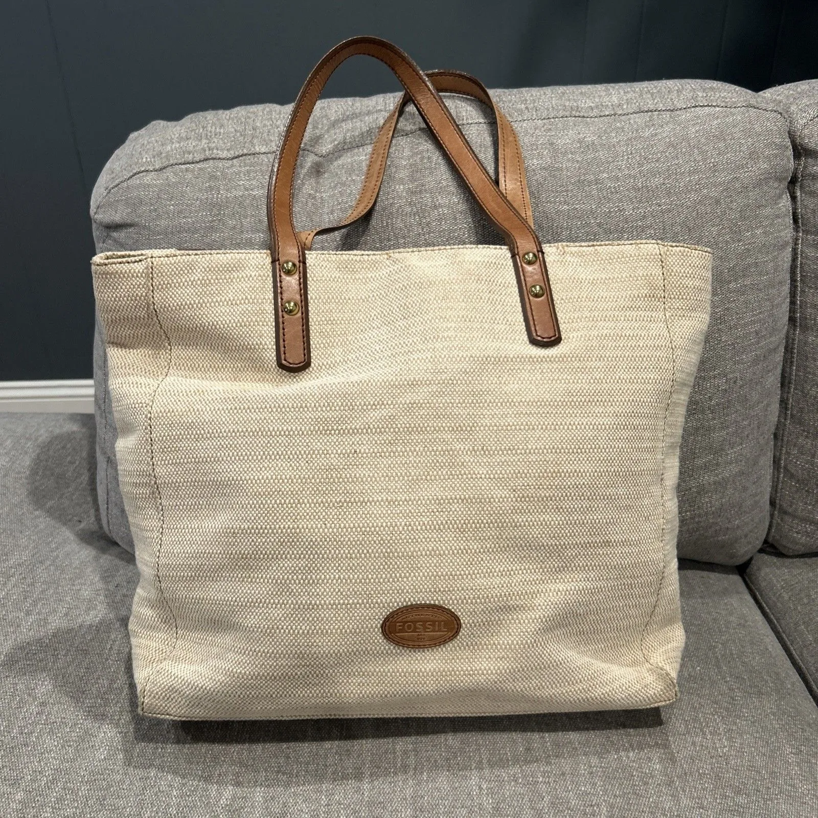 FOSSIL Leather Tote Bag Purse Large Beige Brown Circles Teal Red Orange 14x13x4 - Image 3